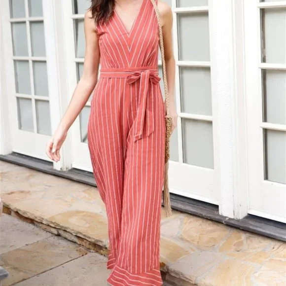 Rust Striped V-Neck Self-Tie Belt Flare Hem Wide Leg Jumpsuit - Picture 3 of 5